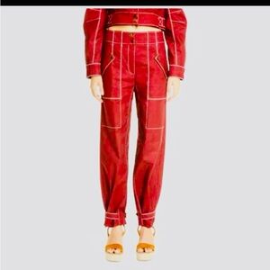 Veronica Beard Sigrid Topstitch Cotton Stretch Twill Cargo Pants Brick Red sz 12